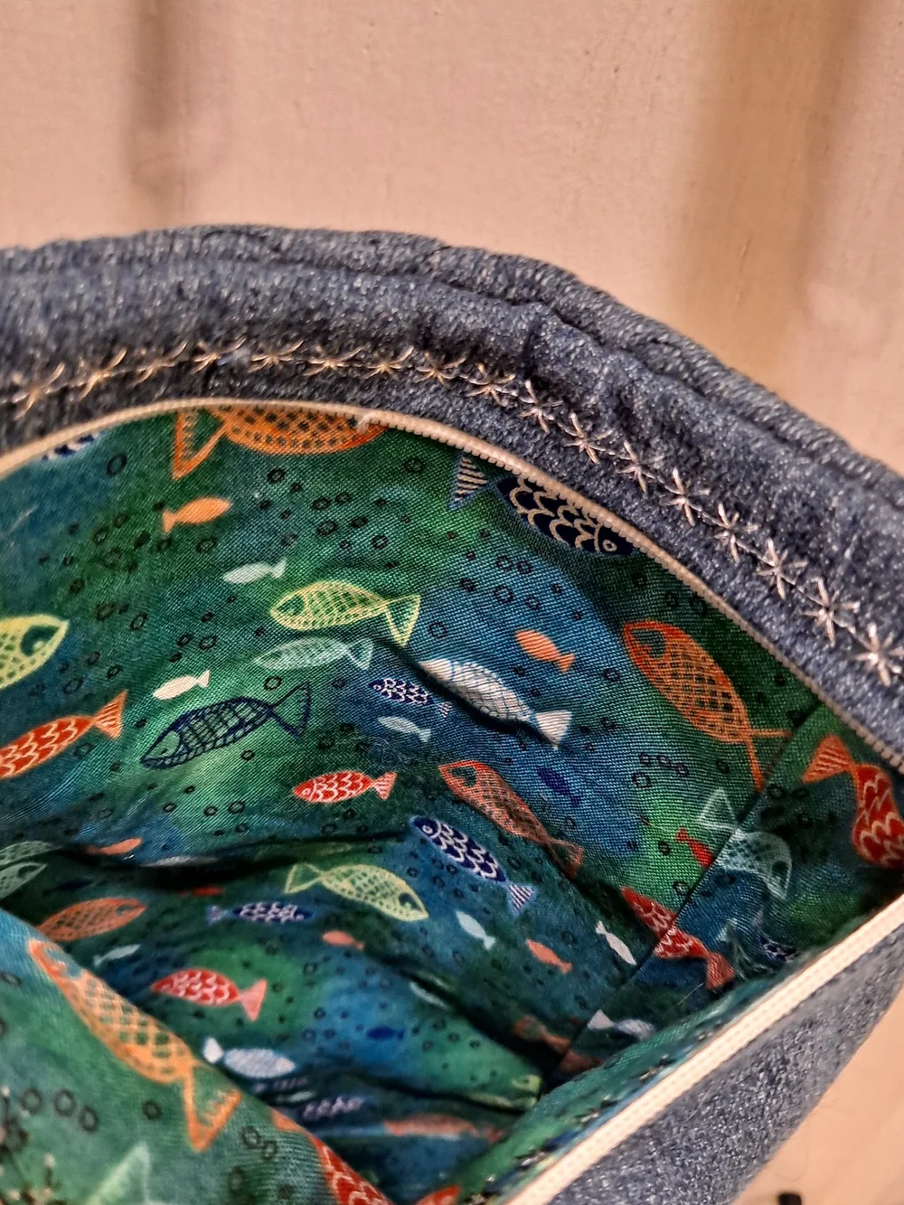Artisan Handmade Upcycled Denim Dolphin Embroidered Crossbody Bag - Blue